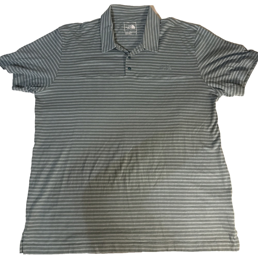 The North Face Mens Large Polo Shirt Greenish Gray Striped Short Sleeve Casual